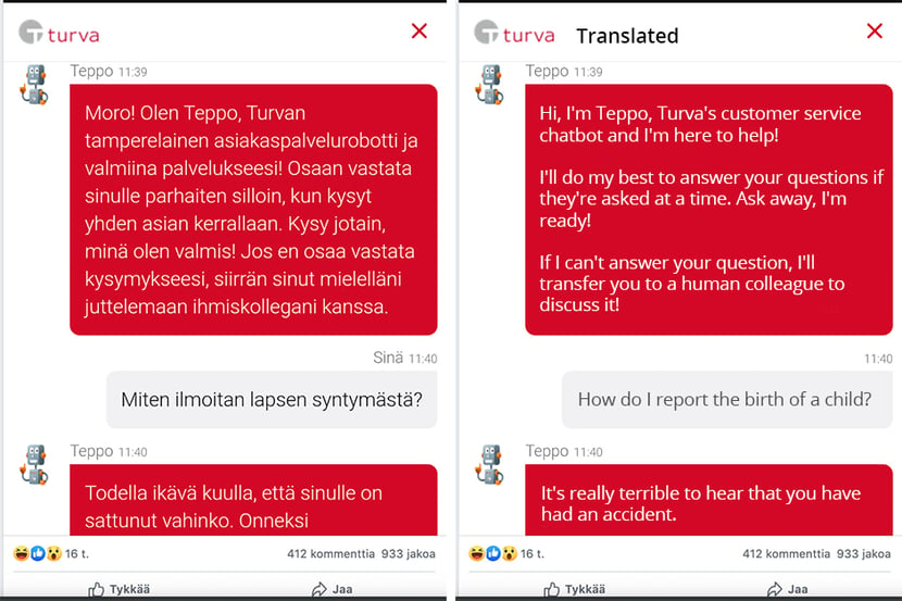 Customer Service Chatbots Go Rogue Turvas Story Blog Post GetJenny -- Turva Chatbot Teppo Response Translated to English