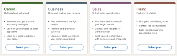 LinkedIn has options for Career, get hired and get ahead; Business, grow and nurture your network; Sales, unlock sales opportunities; Hiring, find and hire great talent. These all reflect jobs to be done.