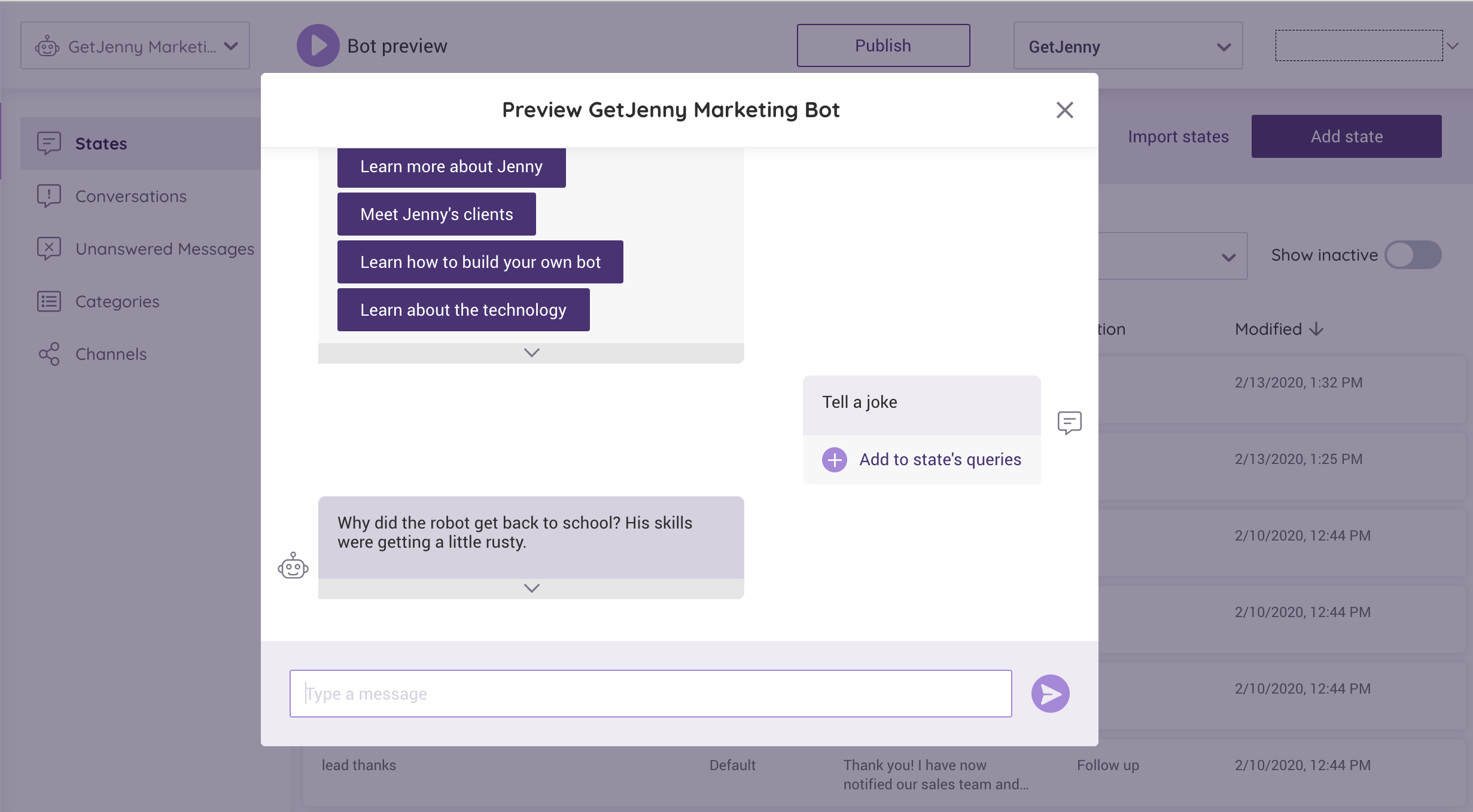 Image: Customer service chatbot building and testing in action with JennyStudio. | GetJenny