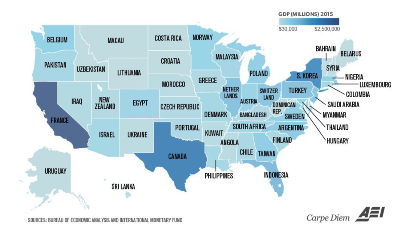 Map of the USA with names of states replaced for countries with similar GDPs, source AEI. 