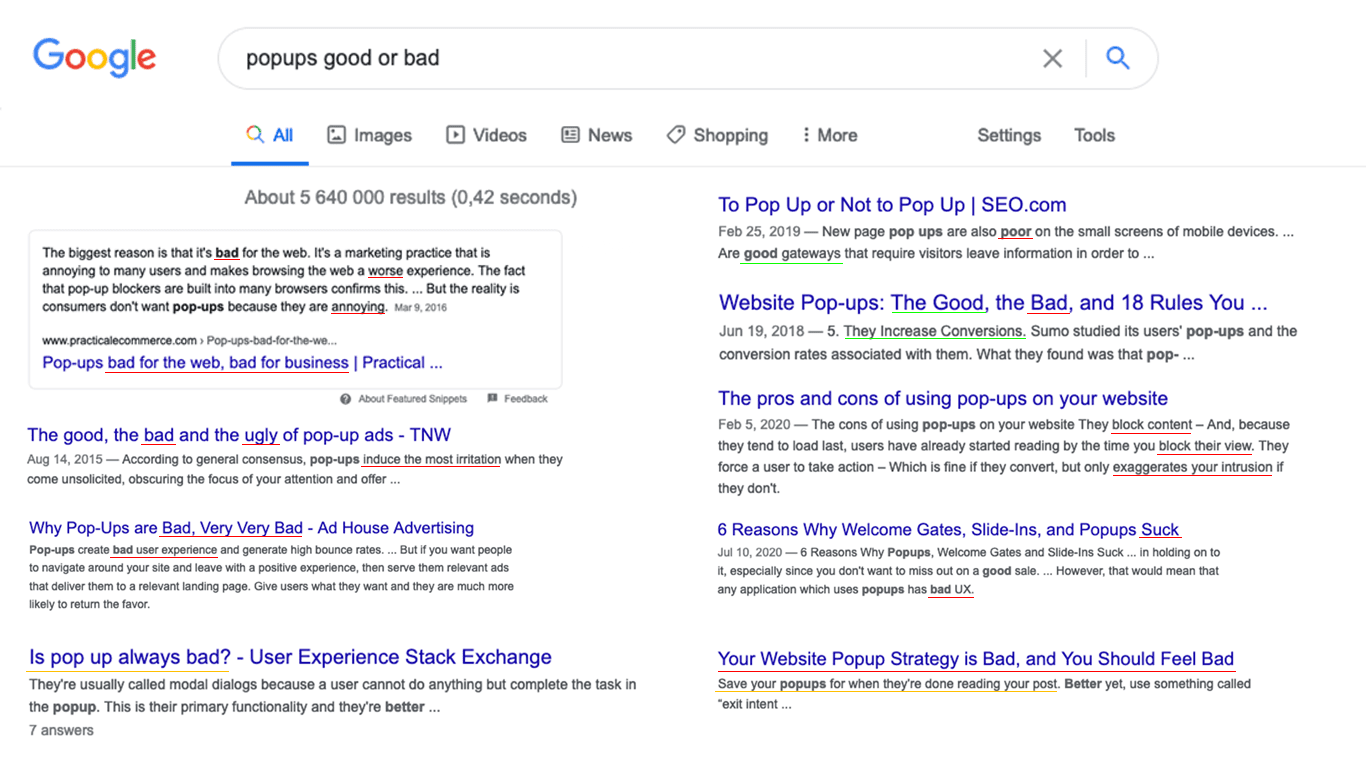 Google Search shows an overwhelming negative amount of language for pop-ups in the first results.